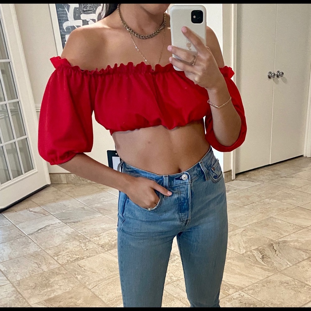 PLT Red Wrap Crop Top with Puffed Sleeves